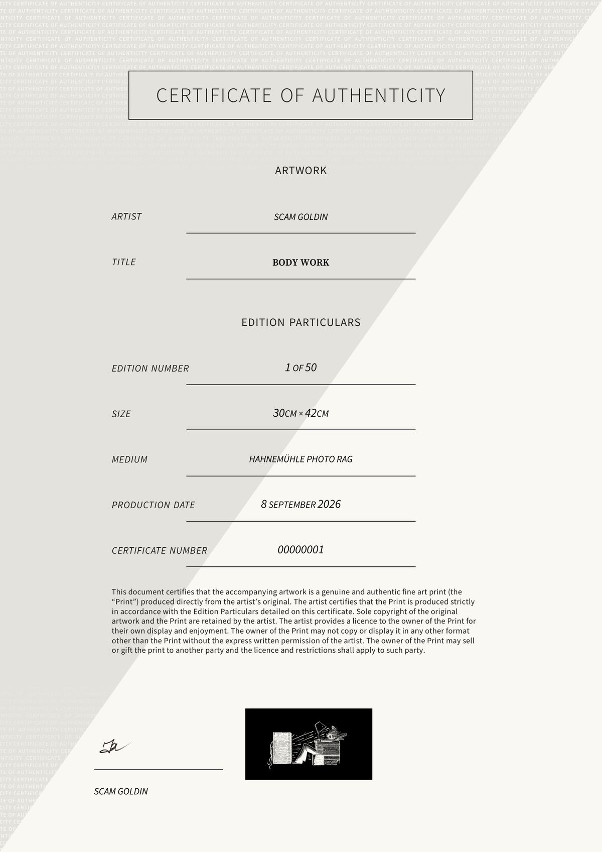 Body Work — Certificate of Authenticity