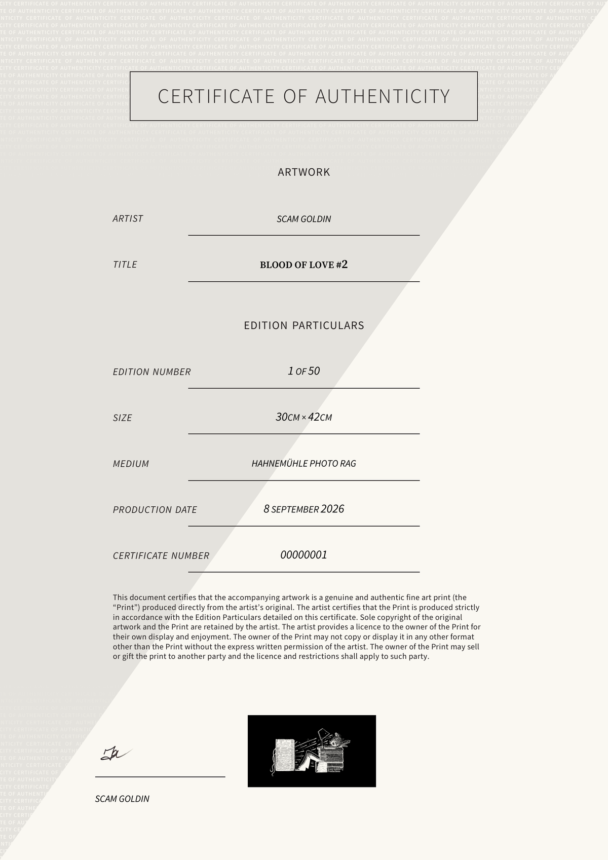 Blood of Love #2 — Certificate of Authenticity